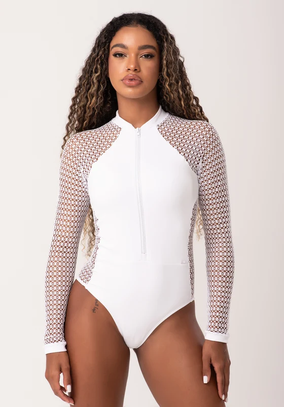 Body Fitness Feminino Branco Manga Longa Com Zíper New Age Dlk BRANCO / M
