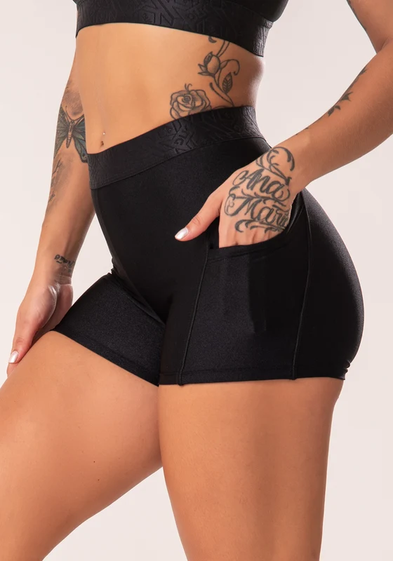 Short Fitness Feminino Preto Com Bolsos Laterais E Elástico Flow Dlk PRETO / M