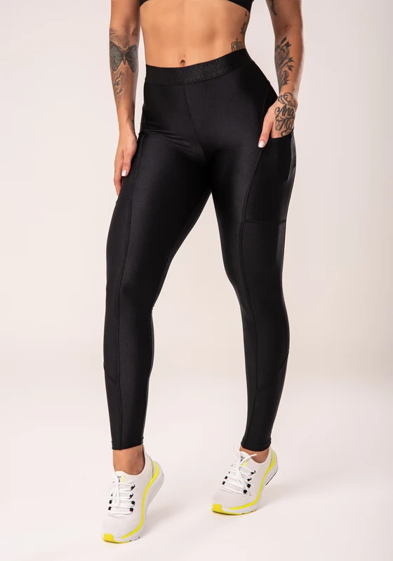 Legging Fitness Feminina Preto Com Bolsos Laterais E Elástico Flow Dlk PRETO / P