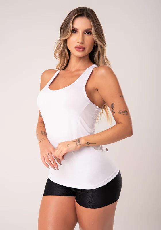 Camiseta Fitness Feminina Branco Modelo Nadador Com Recortes Flow Dlk BRANCO / G