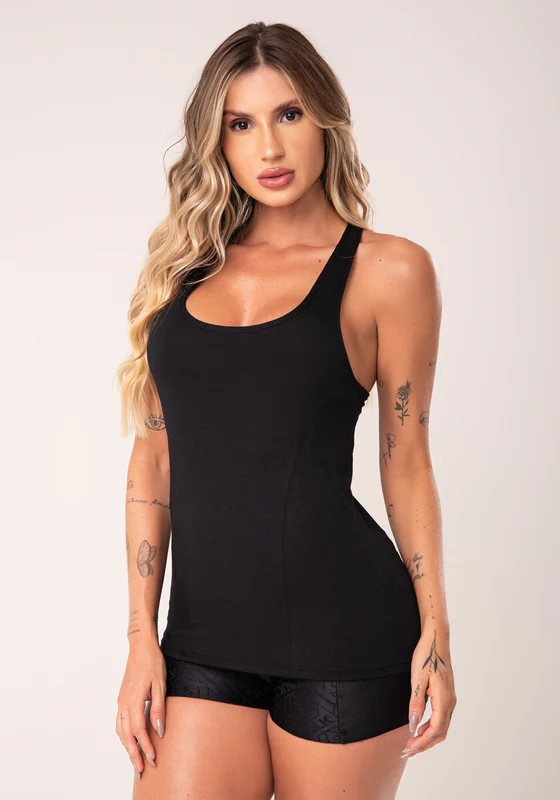 Camiseta Fitness Feminina Preto Modelo Nadador Com Recortes Flow Dlk PRETO / P