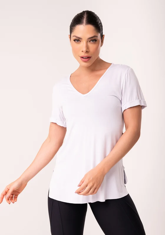 Blusa Fitness Feminina Branco Decote V Flow Dlk BRANCO / G