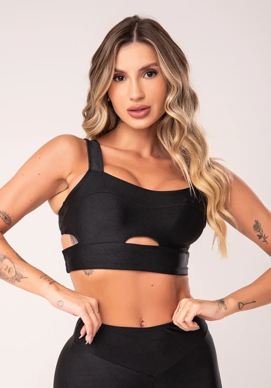 Top Fitness Feminino Preto com Bojo Cut-out e Alças Largas Flow Dlk PRETO / P