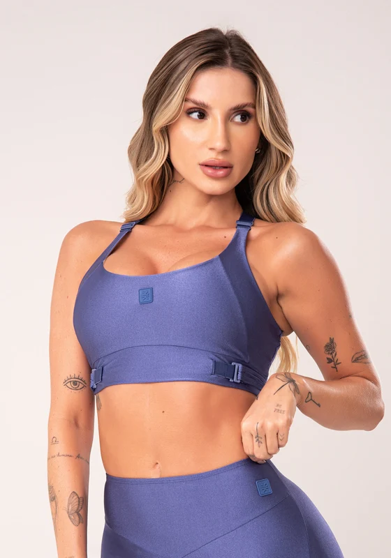 Top Fitness Feminino Azul com Bojo e Alças Cruzadas Reguláveis Flow Dlk AZUL / G