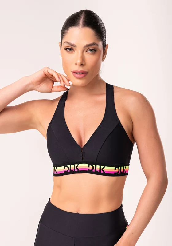 Top Fitness Feminino Preto Nadador Com Elástico Colorido Action PRETO / G