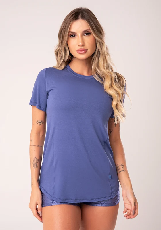 Blusa Fitness Feminina Azul Alongada Manga Curta Com Recortes Flow Dlk AZUL / GG