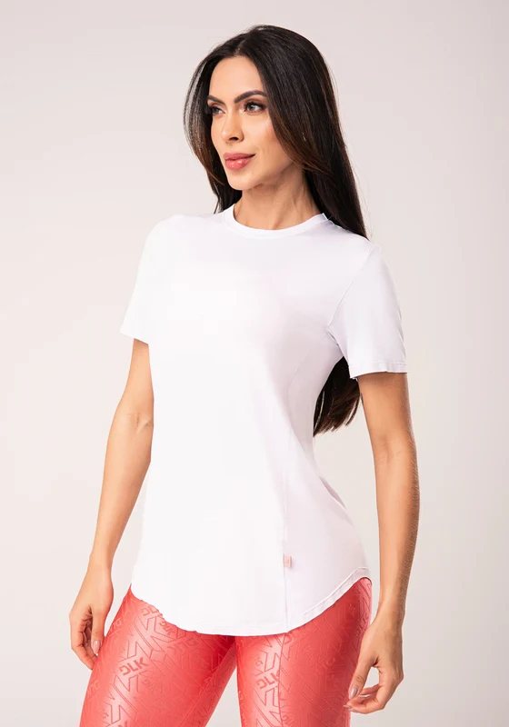 Blusa Fitness Feminina Branco Alongada Manga Curta Com Recortes Flow Dlk BRANCO / GG
