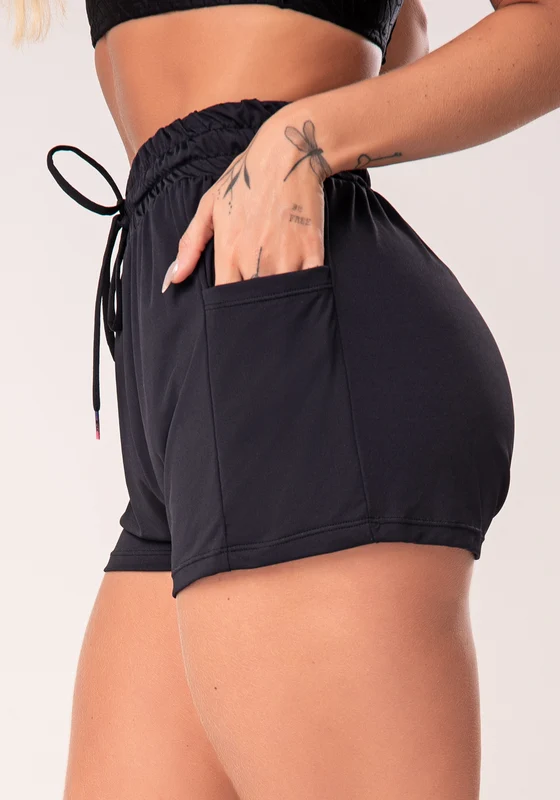 Short Duplo Feminino Preto Soltinho Com Bolso E Cadarço Flow Dlk PRETO / P