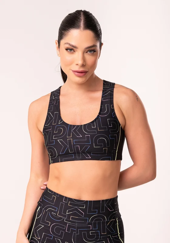 Top Fitness Feminino Estampado Logomania Colorido Printed Dlk PRETO / GG
