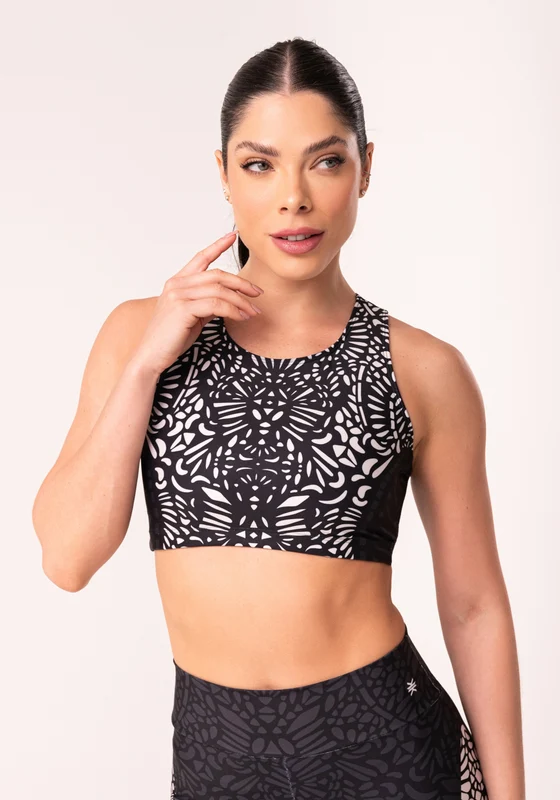 Top Fitness Feminino Nadador Arabesco Preto E Nude Printed Dlk PRETO / GG