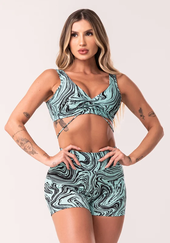Conjunto Fitness Feminino Verde Top Franzido E Short Estampa Abstract Duo Euphoria Dlk VERDE / G