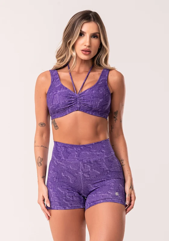 Conjunto Fitness Feminino Lilás Top Franzido E Short Estampa Camouflage Euphoria Dlk ROXO / P