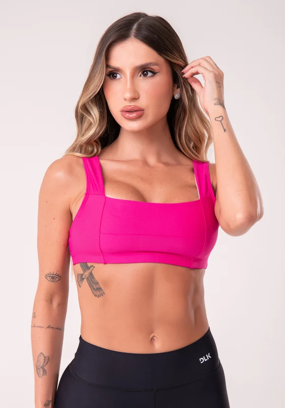Top Fitness Feminino Pink Com Decote Reto E Recortes Dlk ROSA / M