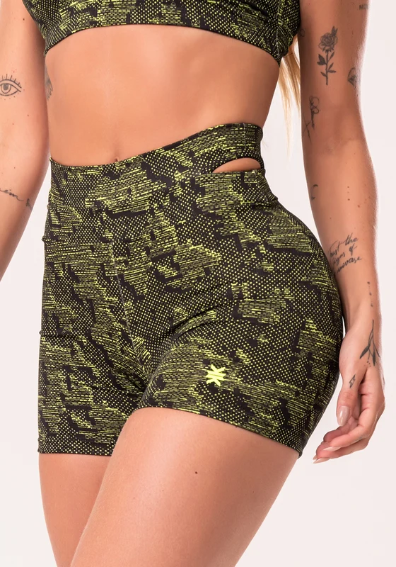 Short Fitness Feminino Neon Com Detalhe Vazado Estampado Camouflage Euphoria Dlk PRETO / M