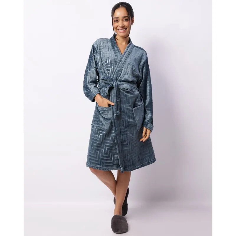 Roupão Feminino Manga Longa Texturizado Azul M