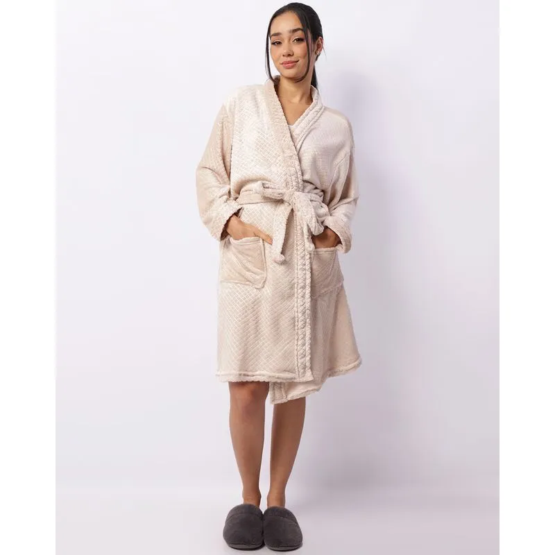 Roupão Feminino Manga Longa Texturizado Bege M