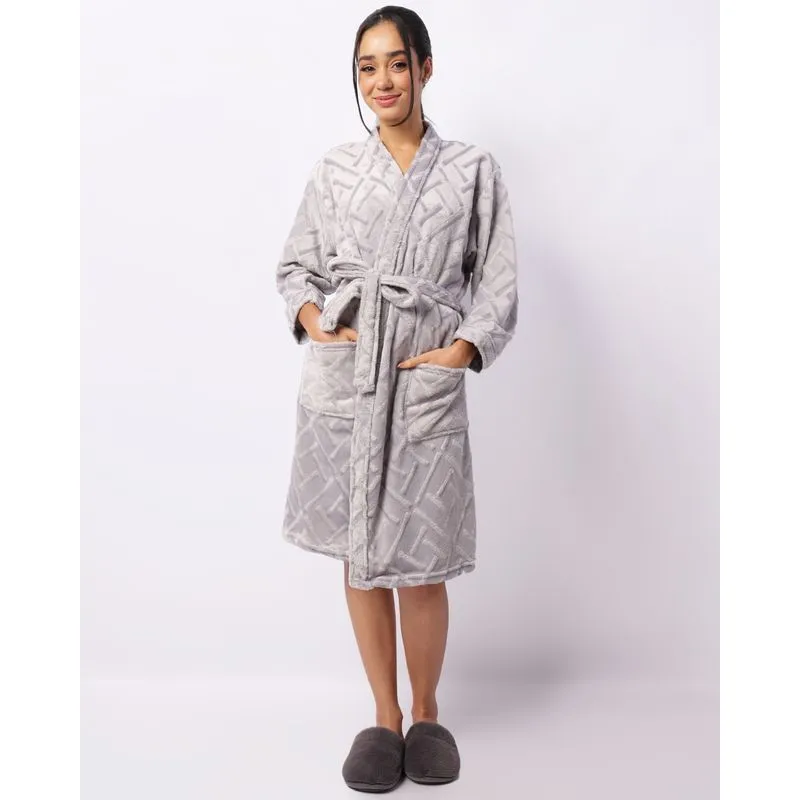 Roupão Feminino Manga Longa Texturizado Cinza G
