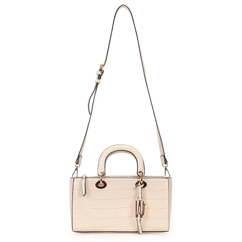 Bolsa Transversal Satchel Media Estruturada Croco Com Chaveiro Personalizado Bege - Wj