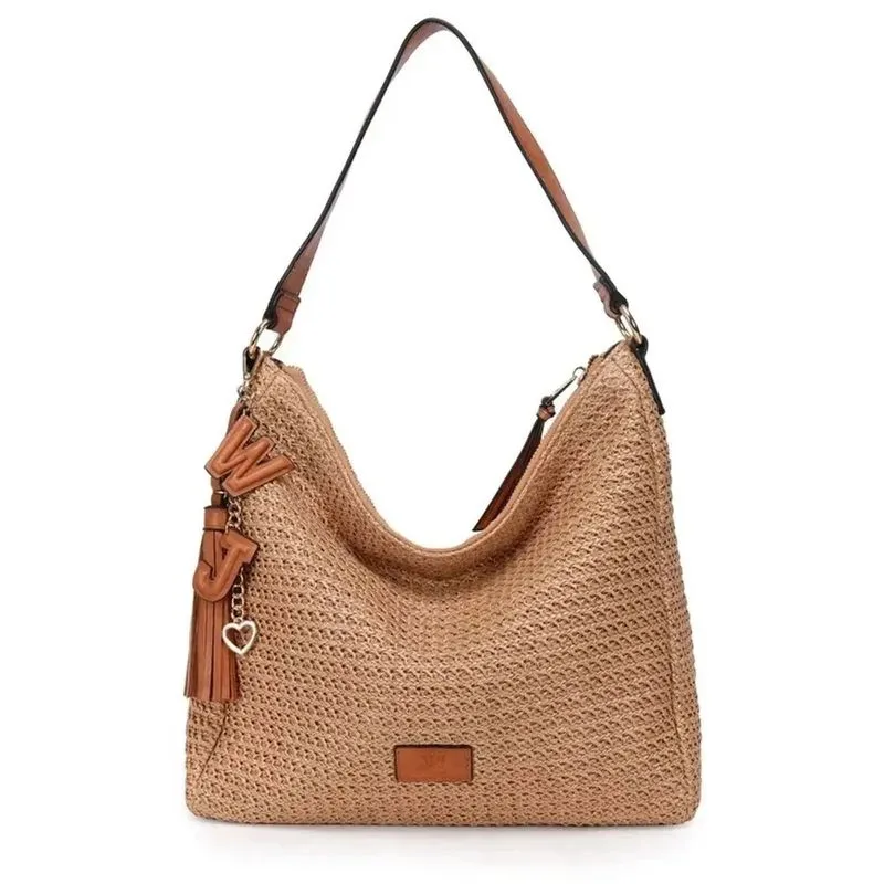 Bolsa Wj Hobo Grande Palha Barbicacho Feminina Bege UNICO