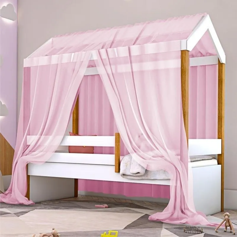 Cama Montessori Exclusiv Solteiro Com Colchão E Voal Rosa