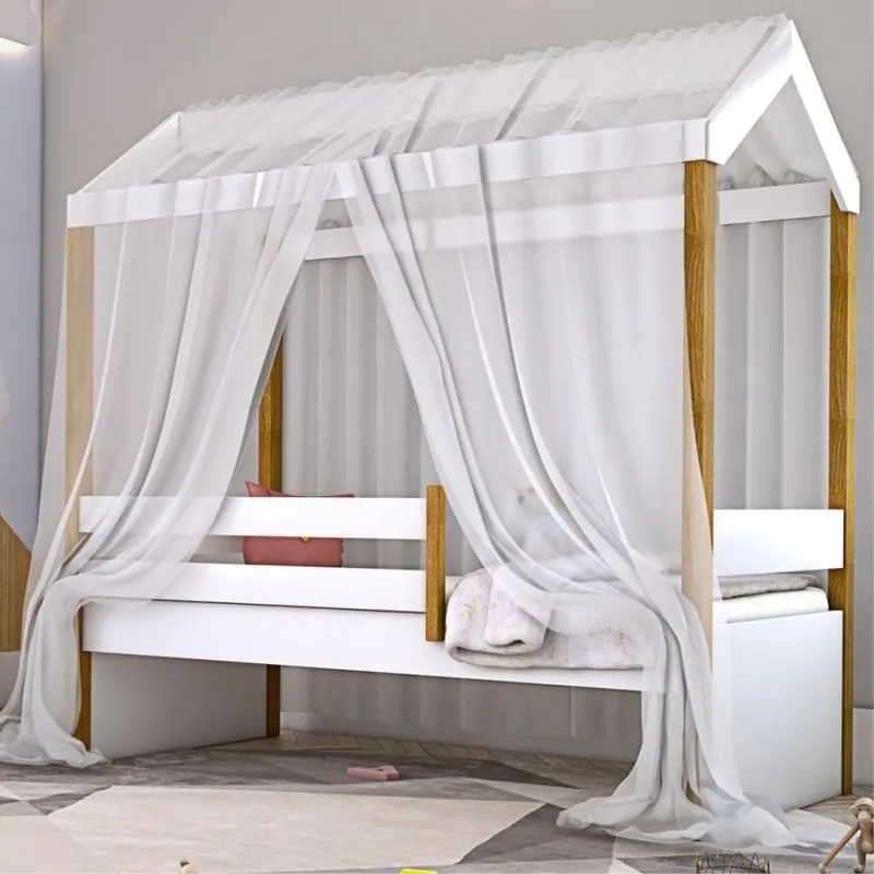 Cama Montessoriana Exclusiv Solteiro Com Voal Branco