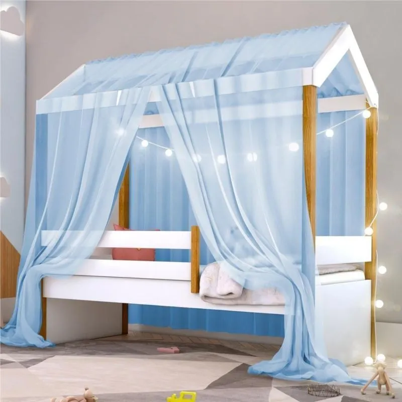 Cama Montessoriana Exclusiv Solteiro Fio De Luz E Voal Azul