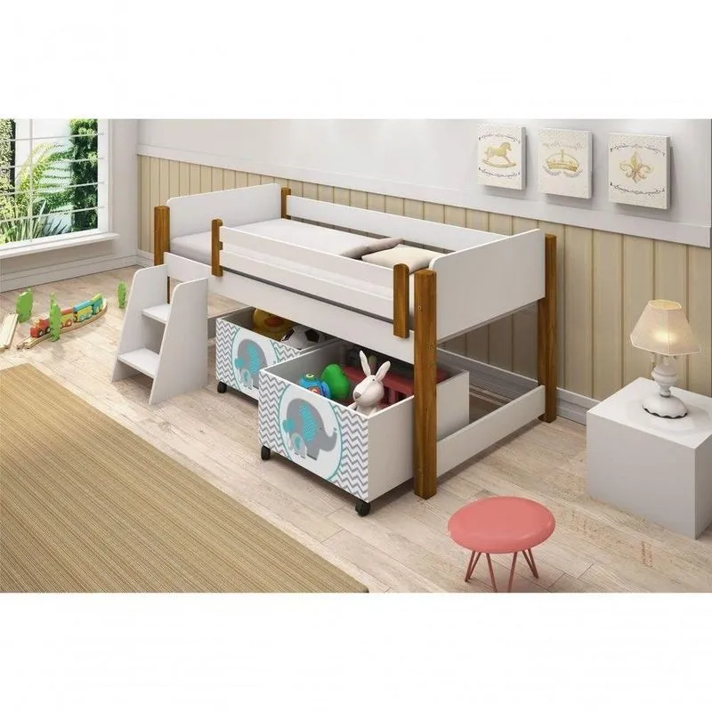 Cama Solteiro Branco C/ C/ Baú Filhote Azul