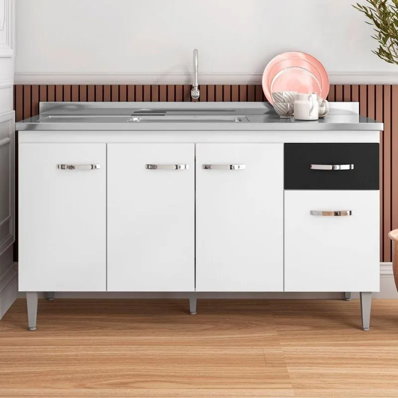 Bancada Para Cozinha Gustavo 1,5 Branco Preto Sem Tampo