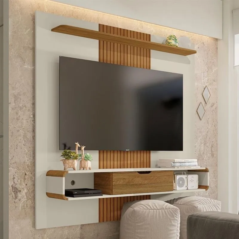Painel Para Tv Com Porta Damadine Off White Cinamomo Pintura 3d Ripada
