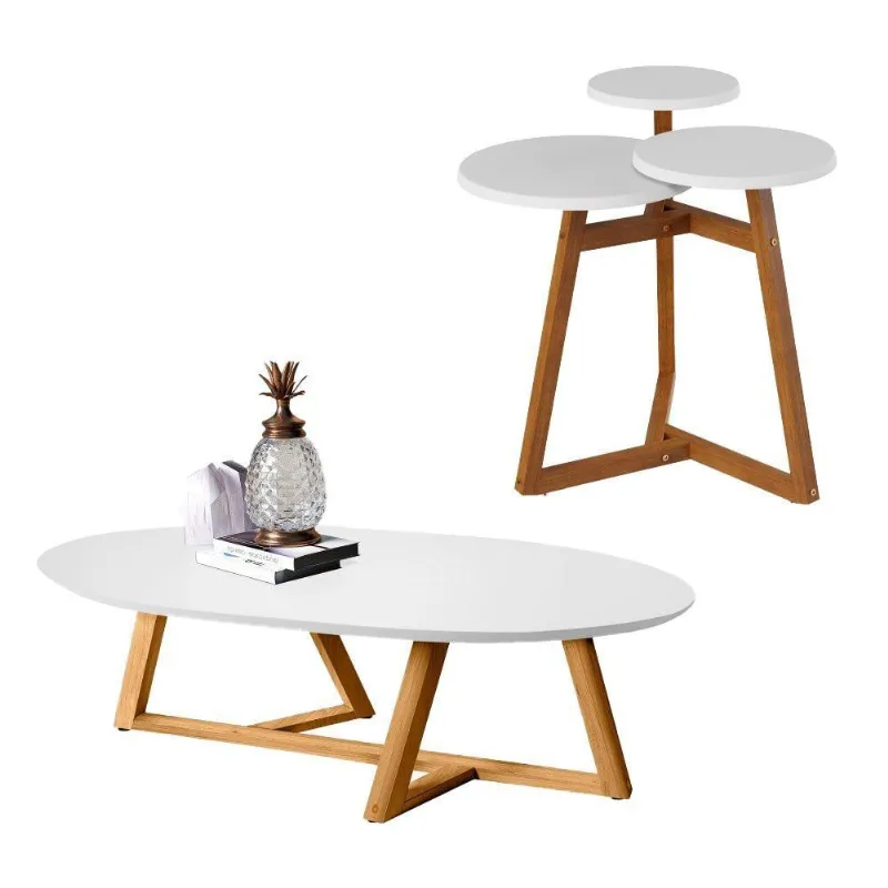 Conjunto Mesa Centro E Lateral Tripla Lívia Branco Amêndoa