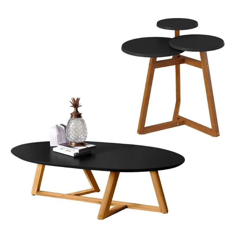 Conjunto Mesa Centro E Lateral Tripla Lívia Preto Amêndoa