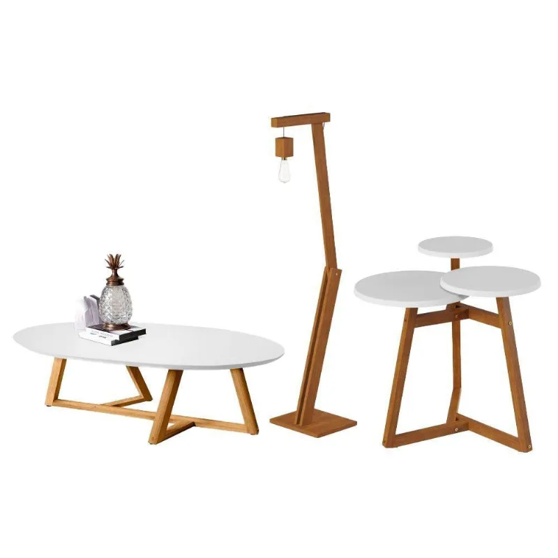 Conjunto Mesa Centro E Lateral Tripla Branco C/ Luminária