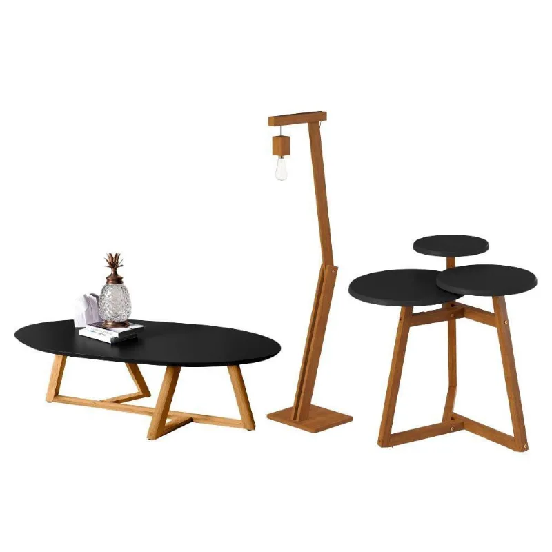 Conjunto Mesa Centro E Lateral Tripla Preto C/ Luminária