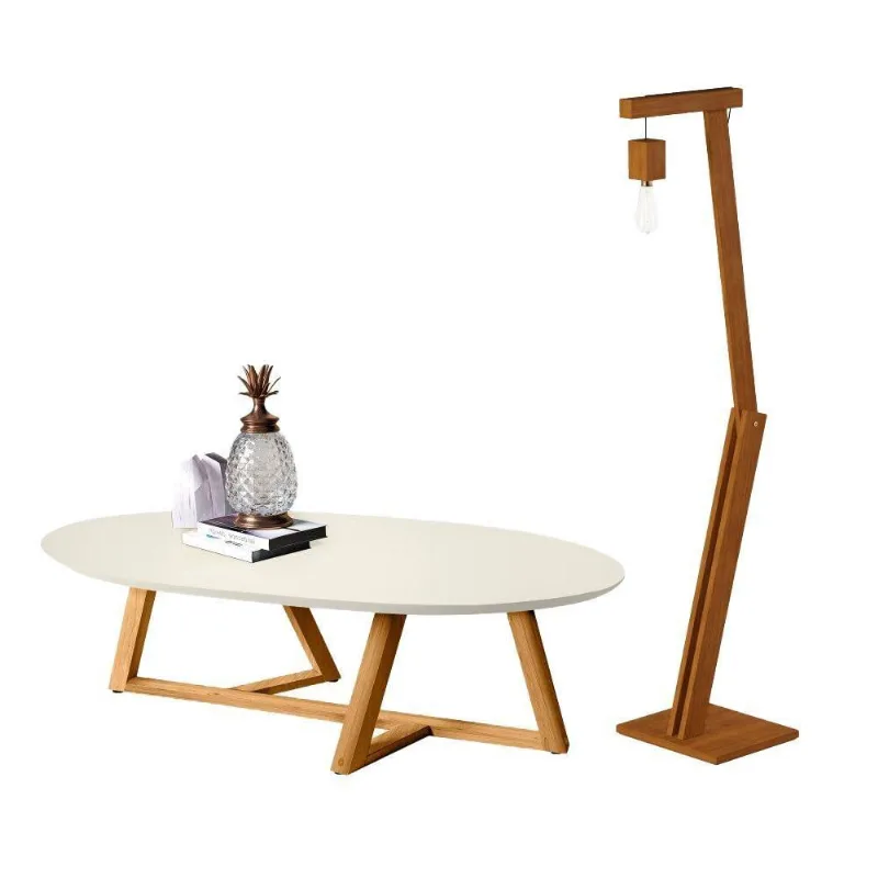Mesa De Centro Jasper Off White Amêndoa Com Luminária Retrô