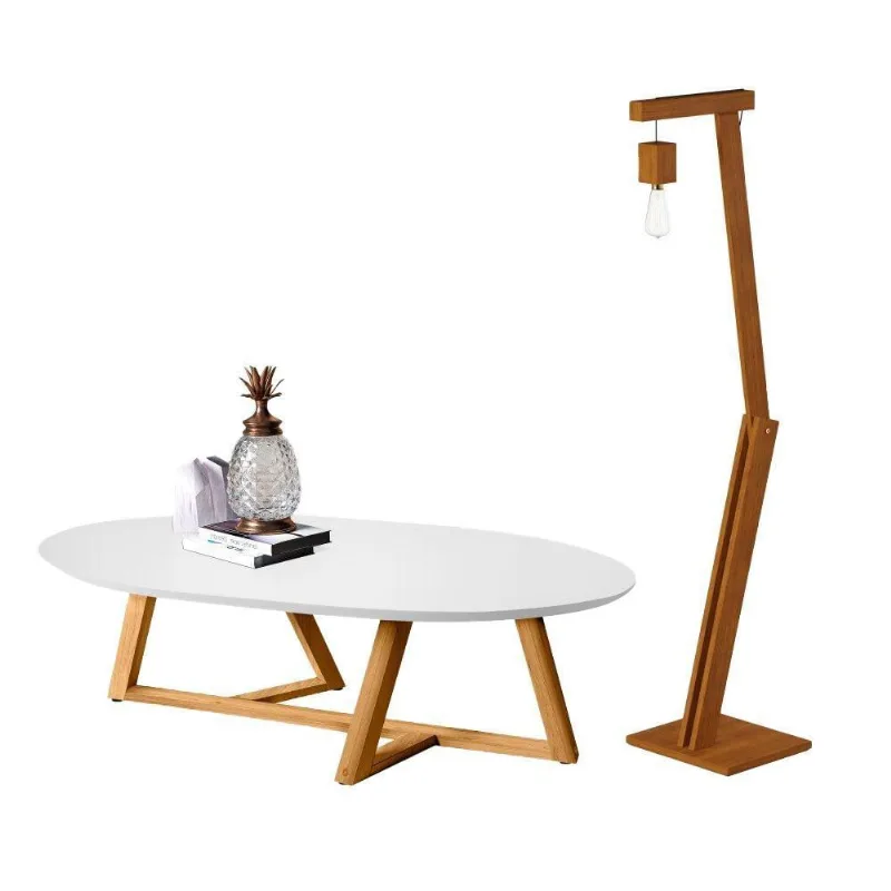 Mesa De Centro Jasper Branco Amêndoa Com Luminária Retrô