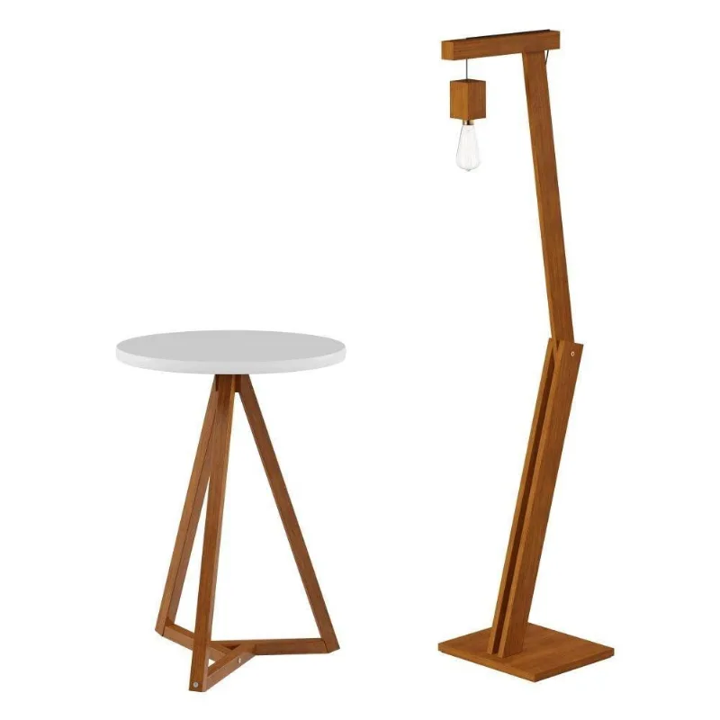 Mesa Lateral Graham Branco Amêndoa Com Luminária Retrô