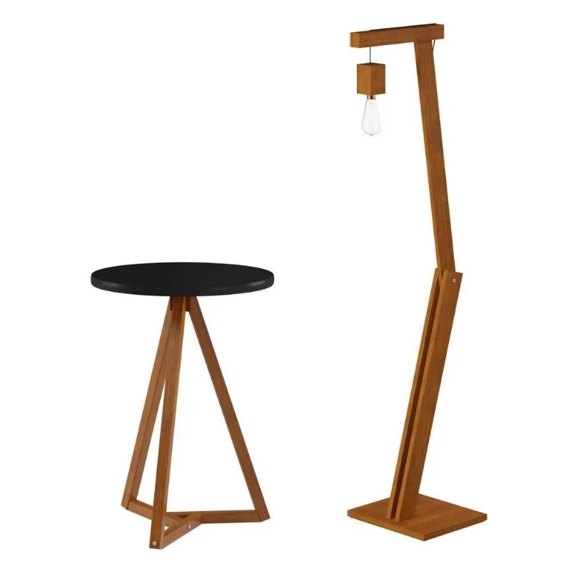 Mesa Lateral Graham Preto Amêndoa Com Luminária Retrô