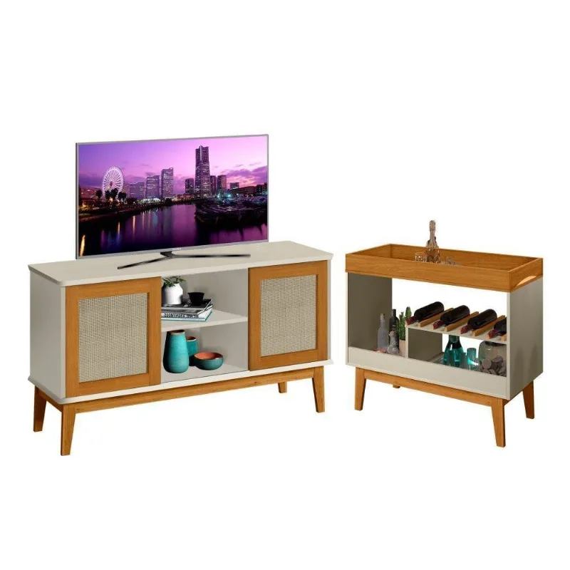 Conjunto Rack Para Tv 2 Portas E Adega Carina Off White