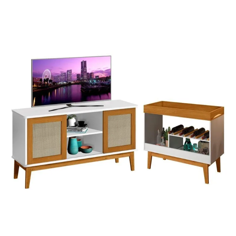 Conjunto Rack Para Tv 2 Portas E Adega Carina Branco Madeira