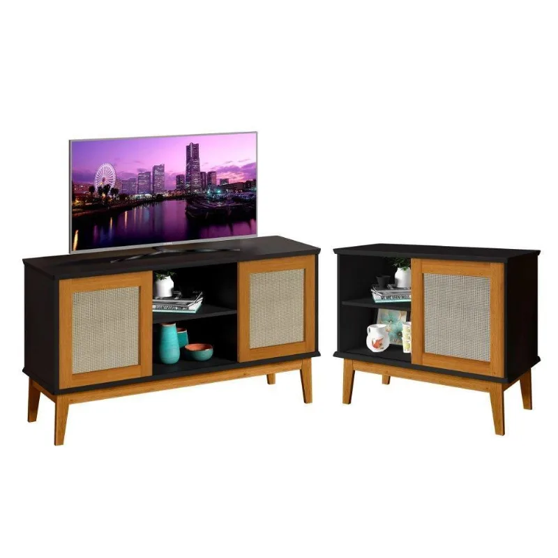 Conjunto Rack Para Tv 2 Portas E Aparador 1 Porta Preto