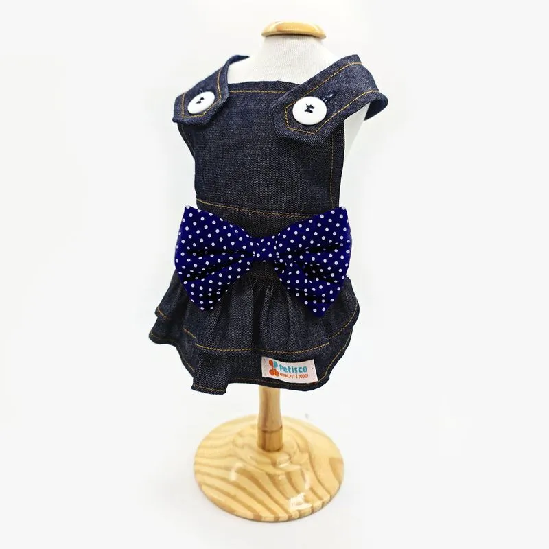 Vestido Pet Para Cães Domum Jeans Laço Poá Alta Qualidade Petisco