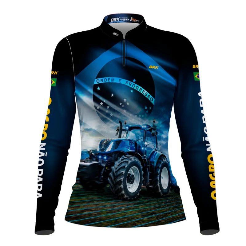 Camisa Agro Feminina Brk O Agro Não Para Azul Proteção Solar UV50+ M