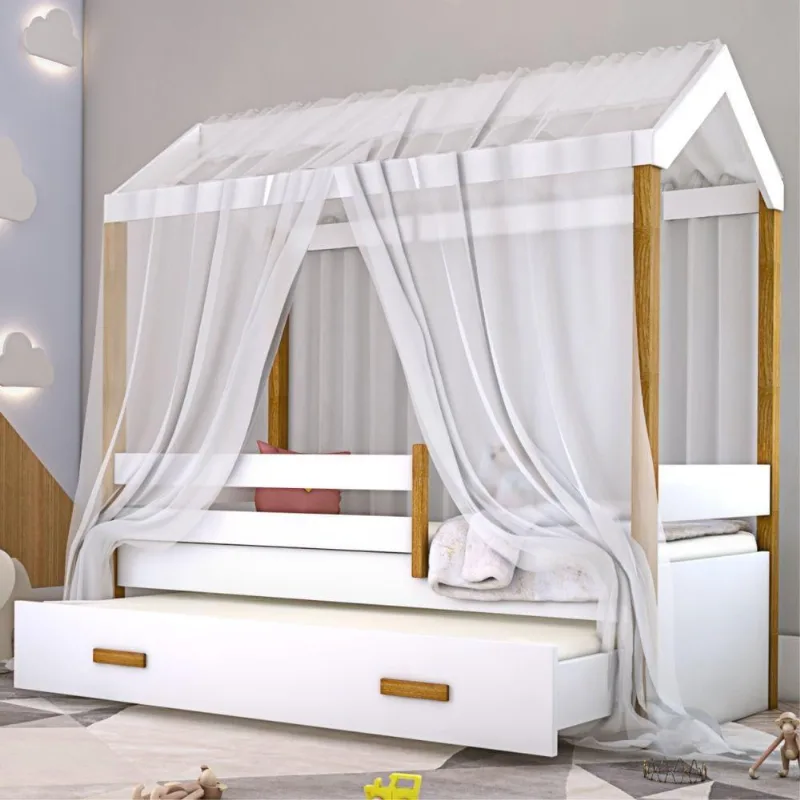 Cama Montessori Cabana Com Auxiliar Colchão E Dossel Branco