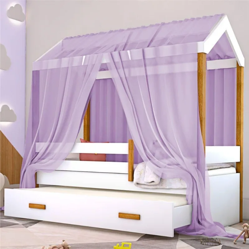Cama Montessori Cabana Com Auxiliar Colchão E Dossel Lilás