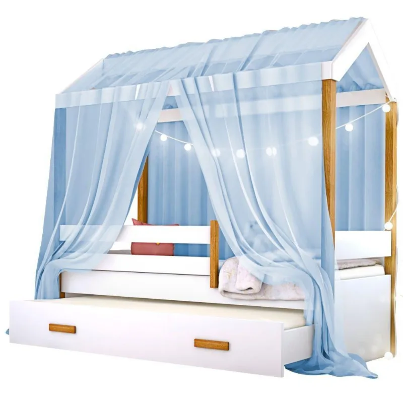 Cama Montessori Cabana Com Auxiliar Cordão Led E Dossel Azul