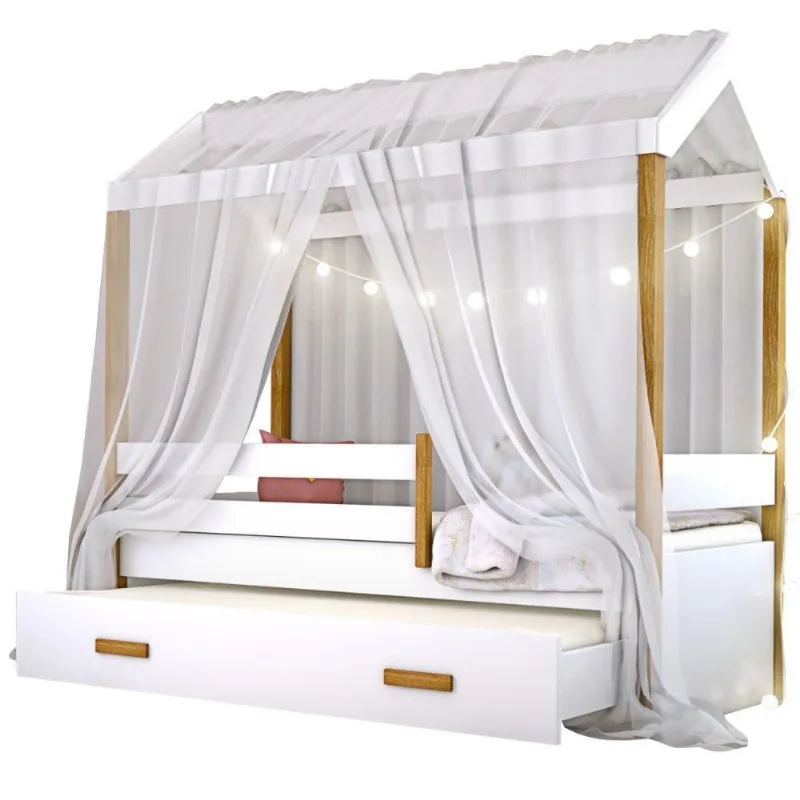Cama Montessori Com Auxiliar Cordão Led E Dossel Branco