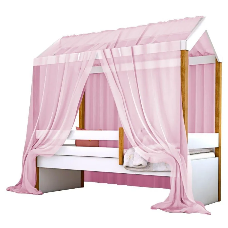Cama Montessori Cabana Solteiro Com Colchão E Dossel Rosa