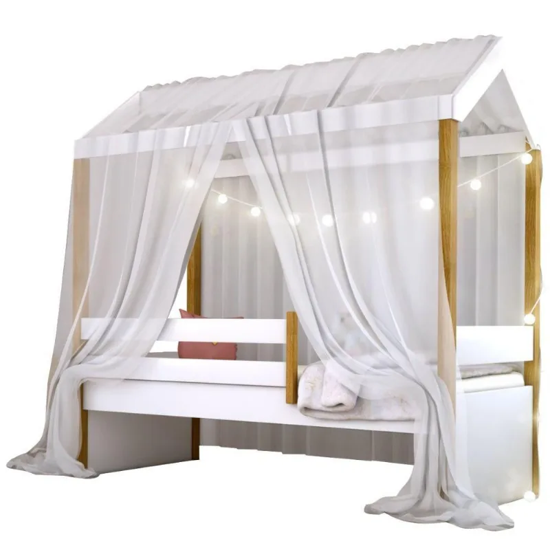 Cama Montessori Cabana Com Cordão Led E Dossel Branco