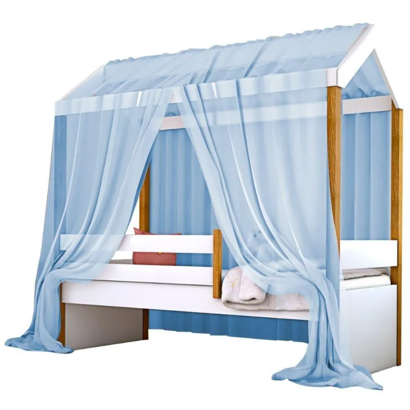 Cama Montessori Cabana Solterio Com Dossel Azul