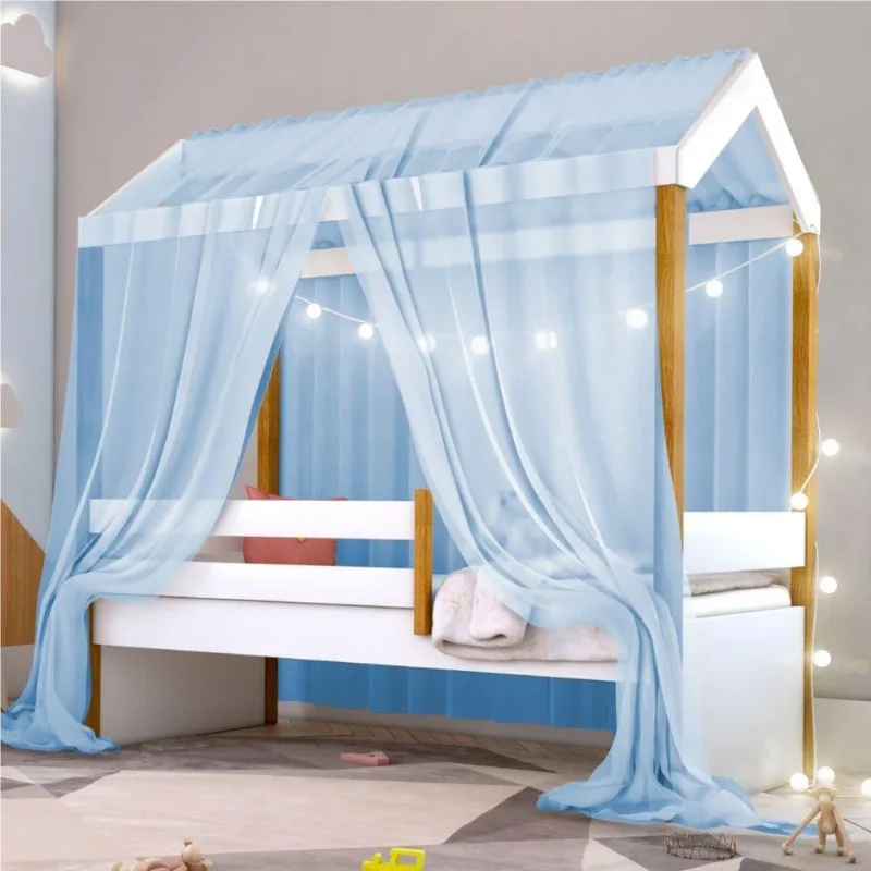 Cama Montessori Cabana Solteiro Com Cordão Led E Dossel Azul